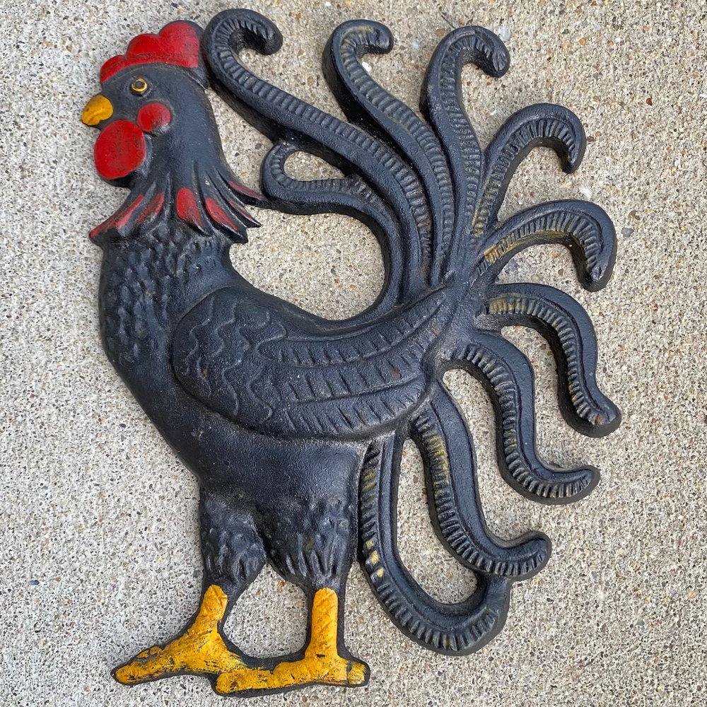Vintage Cast Iron Crowing Rooster - Black w/Red and Gold Accents